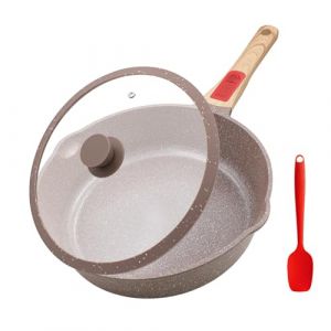 AIKENBBKK Poêle à Frire en Céramique avec Couvercle, Poêle 24 cm avec Antiadhésive Revêtement Céramique- Poignée Amovible- Résistant au four et & lave vaisselle- Marron (AIKENKW, neuf)