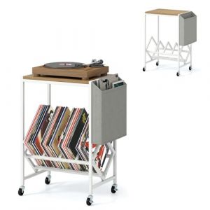 KOMFOTTEU Support de Disque Vinyle avec roulettes, Meuble Platine Vinyle avec Sac lat&eacute;ral & Plateau pour Platine, Meuble Tourne-Disque en Bois & M&eacute;tal, 49,5 x 30 x 64 cm (Naturel) (Komfort GmbH, neuf)