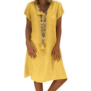 Onsoyours Femme Robe Chic Robe &Eacute;t&eacute; Robe de Plage Col V Casual Grande Taille Robe Manches Courte Unie T-Shirt Coton Lin Robes Boh&ecirc;me Midi Dress B Jaune FR 40 (Zeigood Mode, neuf)
