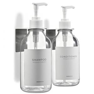 MaisoNovo Distributeur Savon Mural - Distributeur shampoing et Gel Douche &ndash; Lot de 2 Bouteilles en Plastique Klare de 500 ML, Pompe Blanche &ndash; Distributeur shampoing (Maisonovo, neuf)