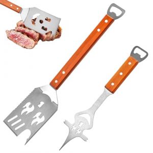 8 en 1 Ustensiles Barbecue Set, Spatule pour Barbecue de 42 cm et Fourchette de 33 cm, Manche en Acier Inoxydable et en Bois avec Décapsuleur, pour la Maison, Le Camping et Les Pique-Niques (ShChu, neuf)