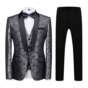 KUDORO Costume Homme 3 pi&egrave;ces Slim Fit Mariage Business Smoking Simple Poitrine &agrave; Un Bouton, Men Suits 3 Pieces Argent&eacute; pour F&ecirc;te Confort El&eacute;gant Blazer Veste et Pantalon Gilet(Argent&eacute;,S) (KUDORO, neuf)