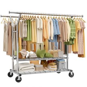 Klyvvo Double Portant a Vetement Solide &agrave; Roulettes,Penderie Extensible pour Charge Lourde, Capacit&eacute; de Charge 200kg, Portant V&ecirc;tements Roulettes et &Eacute;tag&egrave;re porte, pour Pr&eacute;sentation, Rangement, Chrom&eacute; (Klyvvo, neuf)