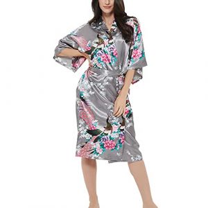 Kimono en satin imprimé rose pour femme - Paon - Robe de chambre de demoiselle d'honneur - Vêtements de nuit, Paon Floral Gris, 3XL Plus (Roobees, neuf)