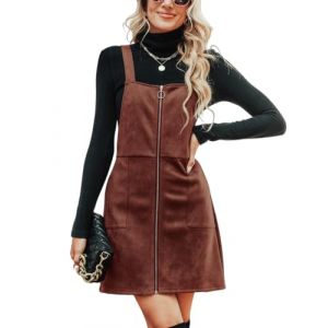 CUPSHE Mini robe d'automne en daim synth&eacute;tique pour femme, col carr&eacute;, fermeture &eacute;clair, poches avant, bretelles larges, robe d'automne d&eacute;contract&eacute;e, marron, Taille M (CUPSHE FR, neuf)