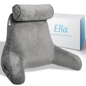 Ella Coussin de Lecture avec Rouleau de Cou - Oreiller de Lecture avec Accoudoirs, Soutien du Dos et du Cou pour la Lecture ou la Relaxation - Coussin de Dossier Fauteuil de Lecture - Velours (Gris) (Ella Health, neuf)