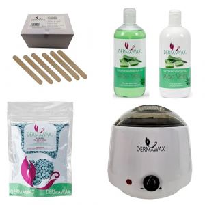 Dermawax Kit de cire professionnel - 1000 ml - Fabriqu&eacute; en Espagne - 1 kg de perles de cire d'aloe vera - Lotion pr&eacute;traitante 500 ml - Lait post-traitement &agrave; l'aloe vera 500 ml - 200 spatules en bois (Dermastil Cosmetics GmbH, neuf)