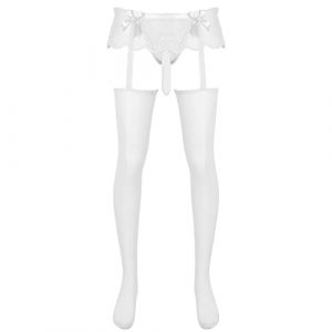 ranrann Collant Homme Sexy Transparent Ouvert Sissy Lingerie Erotique Hot Collant Porte-jarretelle Dentelle String Jockstrap Gay Type C Blanc Taille Unique (ranraneu, neuf)