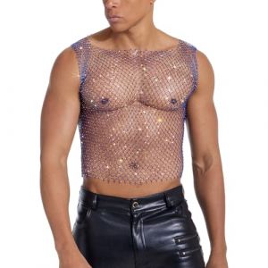 RuiChy D&eacute;bardeur R&eacute;sille Homme Haut Paillet&eacute; Sexy Chemise Transparente sans Manches Maillot de Corps D&eacute;chir&eacute; Tenue Extravagante pour Soir&eacute;es en Bo&icirc;te et Festivals Musicaux(Bleu/XL) (TTST_SHOP, neuf)