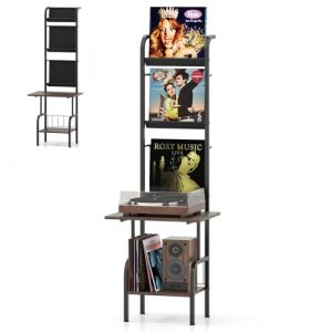 GOPLUS Support pour Tourne-disques à 5 Niveaux, Meuble Platine Vinyle 145cm pour Vinyles avec Jeux Anti-basculement, 3 Étagères en Tissu Oxford pour Disques Vinyles, 50x51x145cm (Augenstern24, neuf)