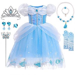 Deguisement Princesse Fille, YYDSXK Robe Princesse Cendrillon avec Couronne Princesse Collier Ensemble, Cendrillon Costume Carnaval Enfant, Déguisement Cendrillon Fille pour Anniversaire Cosplay (110) (Miscco-FR, neuf)