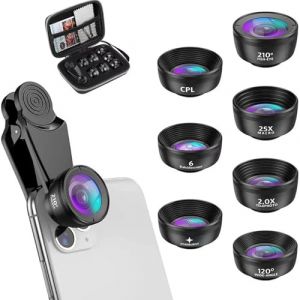 Textiluxe 7 en 1 Objectif Macro Smartphone, Objectif Fisheye 210° + Grand Angle 120° + Objectif Macro (25x) + Téléphoto, Kaléidoscope, Filtre CPL/Star pour Smartphone (Noir) (Textiluxe, neuf)