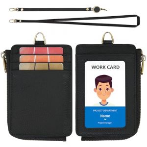 Wason Porte-Badge en Cuir avec Poche Zipp&eacute;e Lani&egrave;re D&eacute;tachable Dragonne et Enrouleur Badge R&eacute;tractable, Emplacement carte polyvalent Carte d'identit&eacute; Badge Cl&eacute; Permis de conduire (Noir) (Wason eu, neuf)