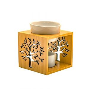 LivuX Lampe aromatique - Humidificateur avec structure en bois au design arbre de vie, bol en porcelaine et photophore - Hauteur : 11 cm - Largeur : 9,5 cm - Diffuseur de parfum naturel - 1122 (LivuX, neuf)