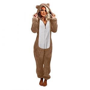 KQIVAM Pyjama Grenouill&egrave;re Femme Hiver Chaud Polaire Barboteuse Pyjama Zipp&eacute;e &agrave; Capuche Pyjama Femme &agrave; Capuche en Peluche Oreilles de Chat Peluche Grenouill&egrave;re Noel Costume Loungewear (⭐⭐⭐⭐⭐KQIVAM, neuf)