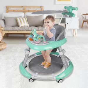 Trotteur B&eacute;b&eacute; Pliable pour Nourrisson de 6 &agrave; 18 Mois,Trotteur pour b&eacute;b&eacute; pour Enfant Gar&ccedil;ons et Filles, Barre de pouss&eacute;e haute + capote pivotante &agrave; 360&deg; + musique,67 * 67 * 79cm-vert (Willanmd, neuf)