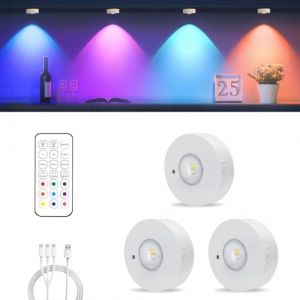 MERTTURM Eclairage D'armoire, Sans Fil LED Rechargeable Aimant&eacute;e, 3 Temp&eacute;ratures de Couleur + 9 RGB Lumiere LED Vitrine, Dimmable Lampe de Placard pour Vitrine, Armoire, Cuisine[3 pi&egrave;ces] (MUYO DIRECT, neuf)