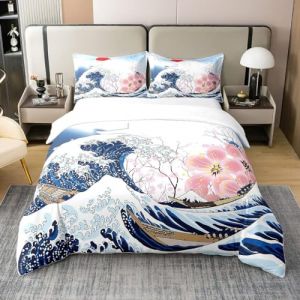 Homewish Housse de Couette Coton, Parure de Lit 220x240 Vague de L'Oc&eacute;an, Ensemble de Literie de Style Japonais Ukiyoe, Housse Couette Rose Fleurs de Cerisier, D&eacute;cor Marin, Nautique, (Suzhou yiyanyun e-commerce Co., Ltd, neuf)