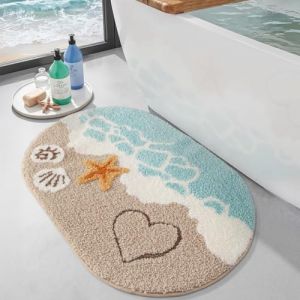 DEXI Tapis Salle de Bain Antid&eacute;rapant 54 x 86 cm, Ovale Tapis Douch Absorbant et Lavable avec Motif Plage et &eacute;toile de mer, pour Baignoire, Chambre, Enfants, Beige et Bleu (DEXI-Direct, neuf)