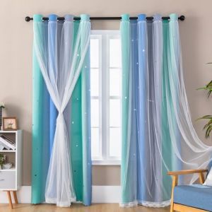 XIDI Rideaux Chambre Enfant, Rideaux Occultants avec Tulle Décoratif, Motifs Étoilés, 86x213 CM(Largeur x Hauteur), Vert/Bleu/Gris, 2 Pièces (XiDi, neuf)