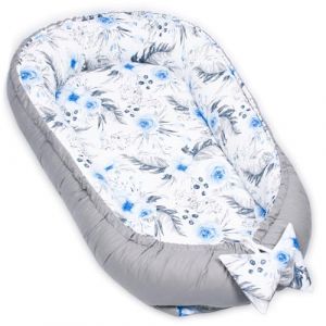 PaLulli Nid douillet 2 côtés pour bébé - Nid de voyage - Cocon pour lit de bébé - 100 % coton certifié Öko-Tex (jardin bleu et gris) (PaLulli, neuf)