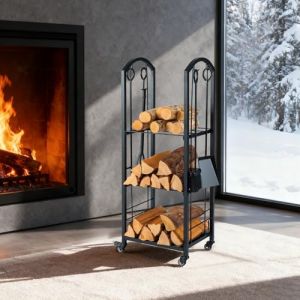 GOPLUS Range Buche Interieur Mobile, Porte buche Interieur avec 4 Roulettes Pivotantes avec &Eacute;tag&egrave;res en Grille, 4 Accessoires Serviteur Chemin&eacute;e, Base Sur&eacute;lev&eacute;e, Rangement (40x30x108CM|3 &Eacute;tag&egrave;res) (Augenstern24, neuf)