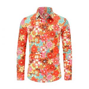 Sweat-shirt hippie pour homme ann&eacute;es 70 - Chemise hawa&iuml;enne &agrave; fleurs - Chemises hawa&iuml;ennes - Disco - Hip Hop - Chemise boutonn&eacute;e &agrave; fleurs - Chemise hawa&iuml;enne vintage - Manches longues - Chemise (⭐⭐⭐⭐⭐ZIWEIMAOYI, neuf)