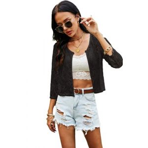 Ietaoo Boléro Femme Dentelle Cardigan Court avec Bouton Manches 3/4 Elégant Veste Boléro Gilet pour Été Printemps Automne Noir S (Yitao-EU, neuf)