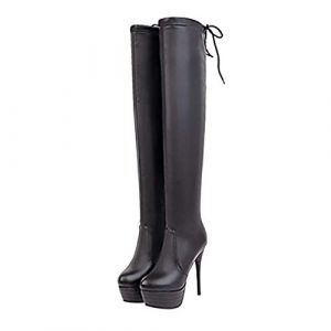 LOVOUO Mode Botte Cuissarde Femme Haute Plateforme Talon Aiguille Haut à Lacet Sexy Stiletto Thigh High Heels Boots Chaussure Fermeture Eclair Hiver(Noir,34) (tongtongdamai, neuf)
