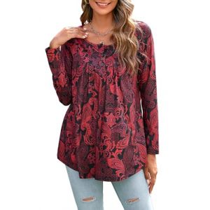 Enmain Tunique à manches longues pour femme - Grandes tailles - Col en V - Chemisier long décontracté et élégant - Avec boutons - Motif cachemire et fleurs - Tailles S à 3XL, L4 rouge/noir, XXL (XINSIXEUR, neuf)
