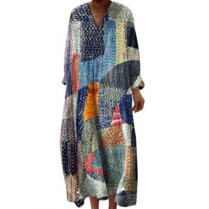 Robe Ete Femme Mi Longue Fluide Coton Chemise Robes Manches Longues Ample Casuel A-Line Imprim&eacute; Fleur Robes Col V Ronde Boh&egrave;me Robe De Soiree Femme Vintage Dress pour F&ecirc;te Travail (Anglekie, neuf)