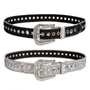 IZIHQA 2 Pi&egrave;ces Bling Clout&eacute; Ceintures En Cuir, Ceinture Cuir Femme, Femmes Strass Ceinture Pour Jeans, Ceinture En Cuir Clout&eacute; Avec Strass, Pour Homme Et Femme, Jean (Argent/Noir) (Velastria OU, neuf)