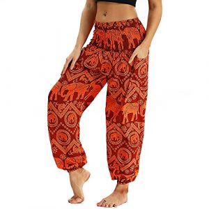 Nuofengkudu Femme Harem Pantalon Sarouel Thaïlandais Hippie Baggy Léger Boho Ethnique Smockée Taille Haute avec Poches Yoga Pants Été Plage ,Orange Éléphant,Taille unique (better Life, neuf)