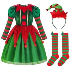 TAGVO Costume Elfe De No&euml;l pour Fille, Costumes de No&euml;l pour Enfants, D&eacute;guisement Lutin de no&euml;l pour Fille Elfe de No&euml;l, Ensemble de Costumes d'elfe de No&euml;l pour No&euml;l Nouvelle Ann&eacute;e Cosplay Mascarade (lipsd eu, neuf)