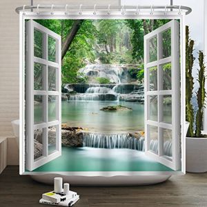 SDOTPMT 140x180cm Douche Vue la fenêtre Chute d'eau printanière Arbres Paysage Naturel Paysage Sauvage Rideau de Bain fenêtre Blanche Image Moderne Tissu imperméable pour Salle de Bain avec Crochets (SDOTPMT, neuf)