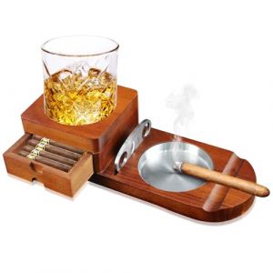Cendrier &agrave; cigares en bois avec plateau &agrave; whisky et porte-cigares + 1 coupe-cigare, bo&icirc;te &agrave; cigares avec porte-vin, pour la maison, le bureau ou le bar, anniversaire des hommes (CYHQ-EU, neuf)