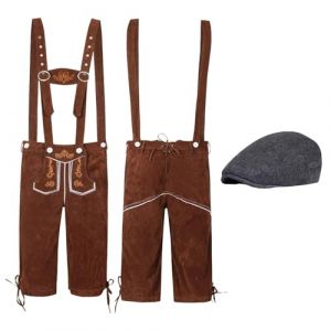 Bkazwe D&eacute;guisement Oktoberfest Homme Authentique Allemand Festival d'Octobre Costume - Pantalon Lederhosen Cuir + Chapeau &agrave; Plume Costume Oktoberfest Bavarois D&eacute;guisement Carnaval Halloween (Bkazwe, neuf)