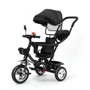 Drumm Tricycle 4 en 1,Tricycle Enfants évolutif,Poussette Tricycle à pédale,et Pare-Soleil Pliable Amovible et Canne Parentale Ajustable,pour Enfants de 18 à 48 Mois (Noir) (jusiZL, neuf)
