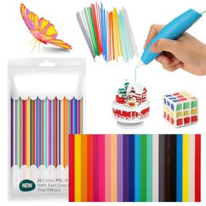 2,5mm Stylo d'Impression 3D Plastique Filament PCL 110 Pièces, 22 Couleurs Recharge Stylo 3D, Recharges pour Stylo 3D pour 3D Doodler, 5 Recharges de Stylos pour Chaque Couleur, 15cm de Long Chacune (peiyee, neuf)
