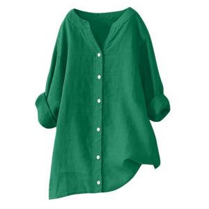 RLEHJN Chemise Femme Lin Tunique Femme Longue Chemisier Coton Et Lin Pour Femmes Col En V Bouton Manche Longue Tops Couleur Unie Lâche Respirant Tunique Grande Taille Pas Cher Chemise De Travail Ample (⭐⭐⭐⭐⭐RLEHJN, neuf)