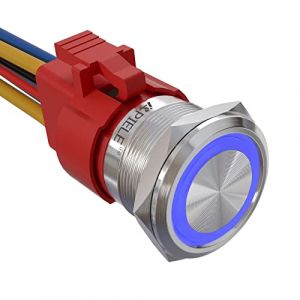 APIELE 22 mm - Bouton poussoir de verrouillage - 12 V CC - 10 A - Bo&icirc;tier en aluminium avec LED - &Eacute;tanche - Bouton poussoir avec prise pr&eacute;-c&acirc;bl&eacute;e marche/arr&ecirc;t (bleu) (API ELE CO LTD, neuf)