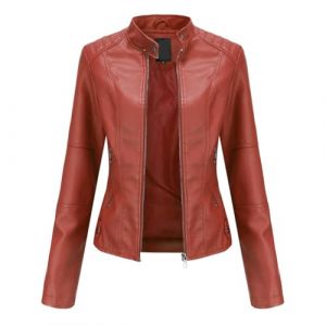 YYNUDA Femme Veste en Cuir PU Bombers Aviateur Moto Blouson Femme Simili Cuir Biker Zipp&eacute; Chaud Casual Rouge 4XL (YYNUDA Store, neuf)