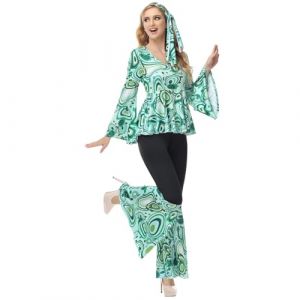 Jutrisujo Déguisement Année 80 Deguisement Disco Robe Femme Hippie 60, 70, 90 Costume Top Pantalon Set Vetement Halloween Carnaval Grande Taille Vert XL (dingtianAA, neuf)
