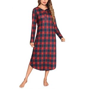 Irdcomps Chemise de Nuit Femme Manches Longues Col en V avec Boutons Doux et Léger Chemise de Nuit à Carreaux Grande Taille Noir Rouge S (FanJiaShang-EU, neuf)