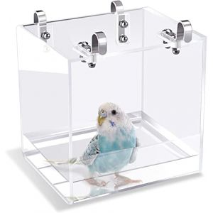 GURECOD Bain d'oiseau Suspendu Cube Bain d'oiseau Baignoire bo&icirc;te de Bain Bol Cage Accessoires Petits Oiseaux canaris alouettes perroquets cacato&egrave;s tourtereaux perroquets Bain (Carr&eacute;, 16x16x16cm) (huouhusw, neuf)