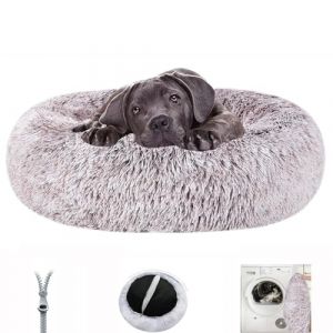 Lit pour Chien Dehoussable Lavable, Panier Chiot Rond Douillet, Canap&eacute;, Coussin Animaux Anti Stress Apaisant, Anti-d&eacute;rapant, Tissu Peluche Doux (S-50cm,B Caf&eacute;) (zhangshengbaihuodian, neuf)
