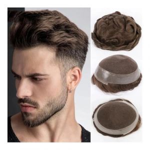 Toupet pour hommes Perruque humaine masculine postiche dentelle suisse PU autour de la prothèse système de remplacement de perruque masculine Pure faite à la main for hommes toupet Perruques(Beige Blo (birene, neuf)
