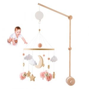 Mobile Lit Bébé Mouton avec Support Mobile Bébé Réglable et Boîte à Musique, Mobile Bébé Bois, Mobile Musical Lit Bébé, Carillon de Vent Suspendu pour Lit Bébé, Cadeau Bébé Nouveau-né (Rose) (Surakey, neuf)