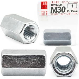 Écrous longs M 30 x 90 mm DIN 6334, lot de 1, manchon fileté hexagonal, acier galvanisé, douille filetée, rallonge pour tige filetée, entretoise de raccordement, classe de résistance 5 (LUN FIX, neuf)