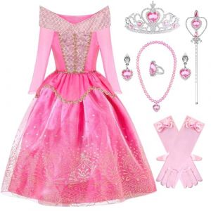 Filles Aurore Robe de Princesse Deguisement Aurore Déguisement de La Belle au Bois Dormant avec Couronne Anniversaire Fête Halloween Noël Partie Carnaval Cosplay Robe de Soirée,140cm (Pixuye, neuf)